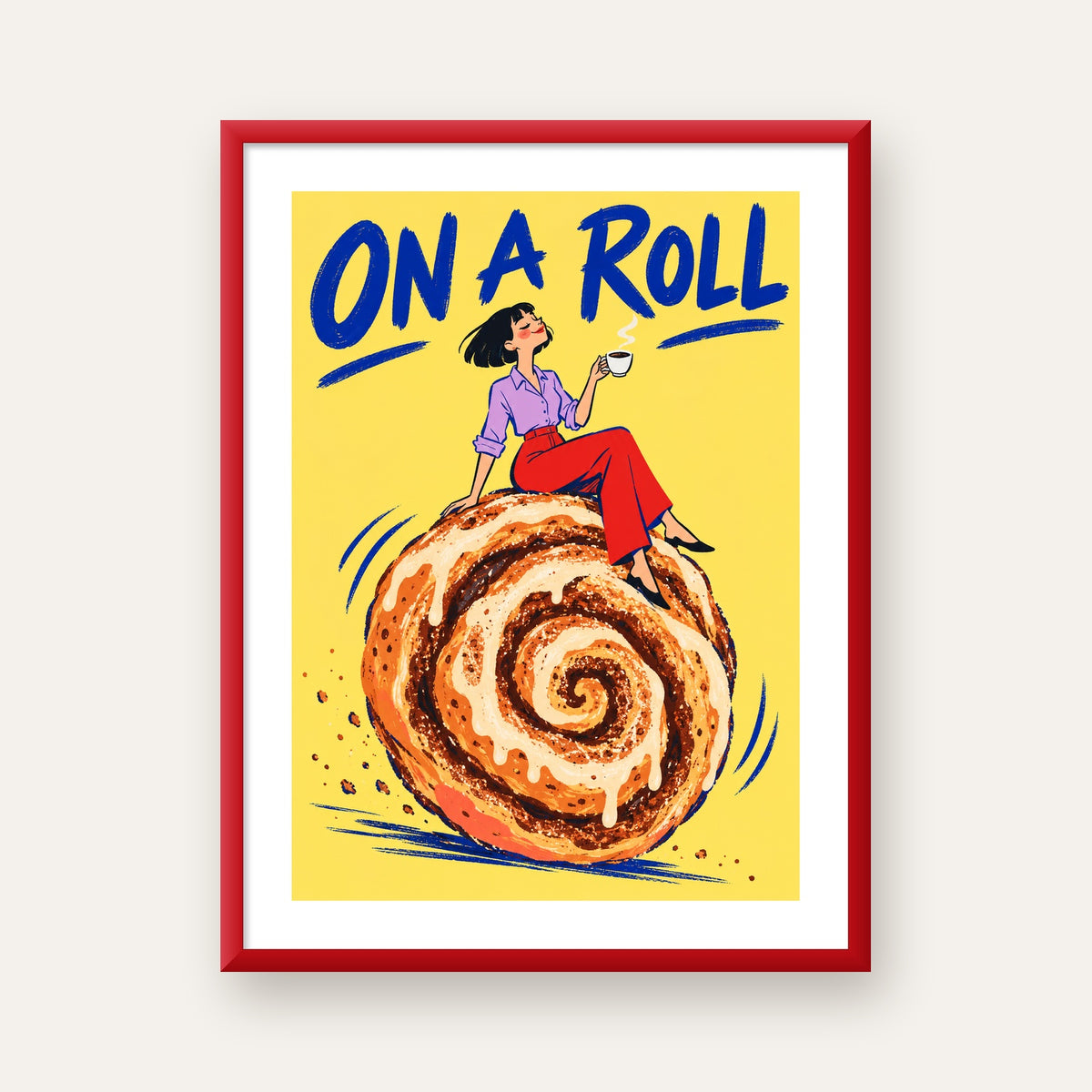 Tarçınlı Çörek ve Kahve: Eğlenceli Çizgi Roman Poster — kırmızı çerçeveli paspartulu