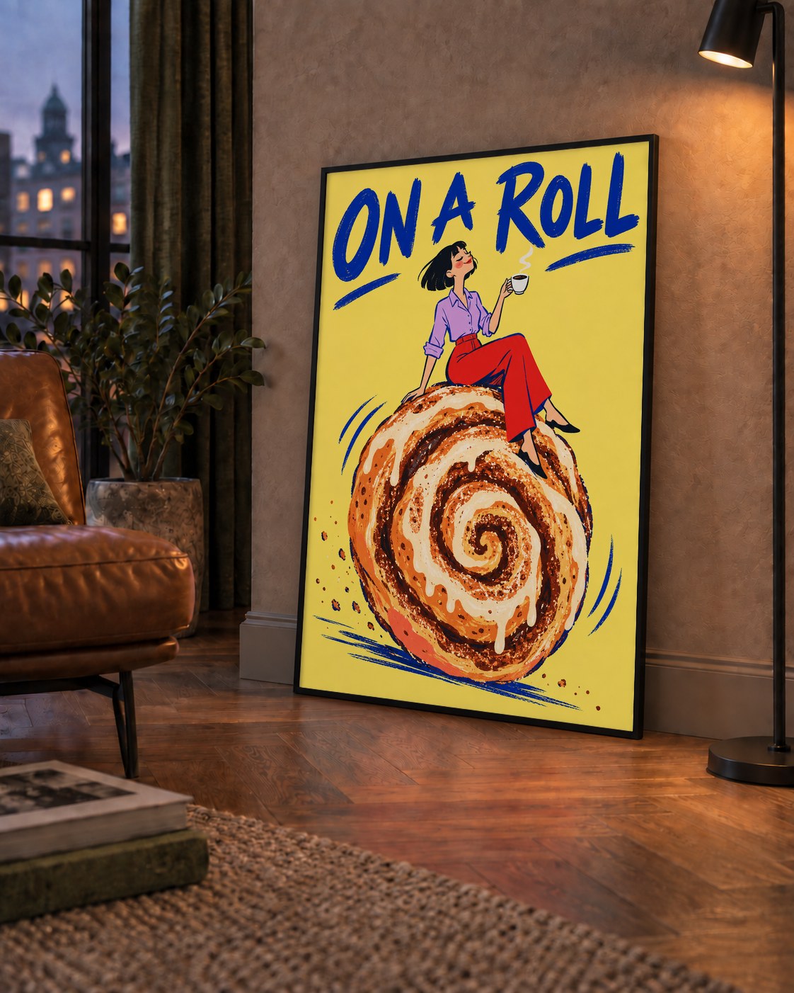 Tarçınlı Çörek ve Kahve: Eğlenceli Çizgi Roman Poster — çerçeveli hâliyle bir ev duvarında