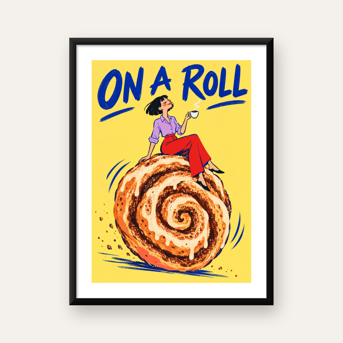 Tarçınlı Çörek ve Kahve: Eğlenceli Çizgi Roman Poster — Dikey baskı, beyaz kenar boşluklu