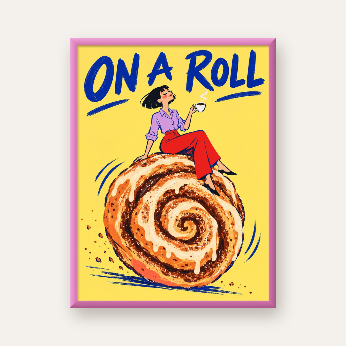Tarçınlı Çörek ve Kahve: Eğlenceli Çizgi Roman Poster — pembe çerçeveli