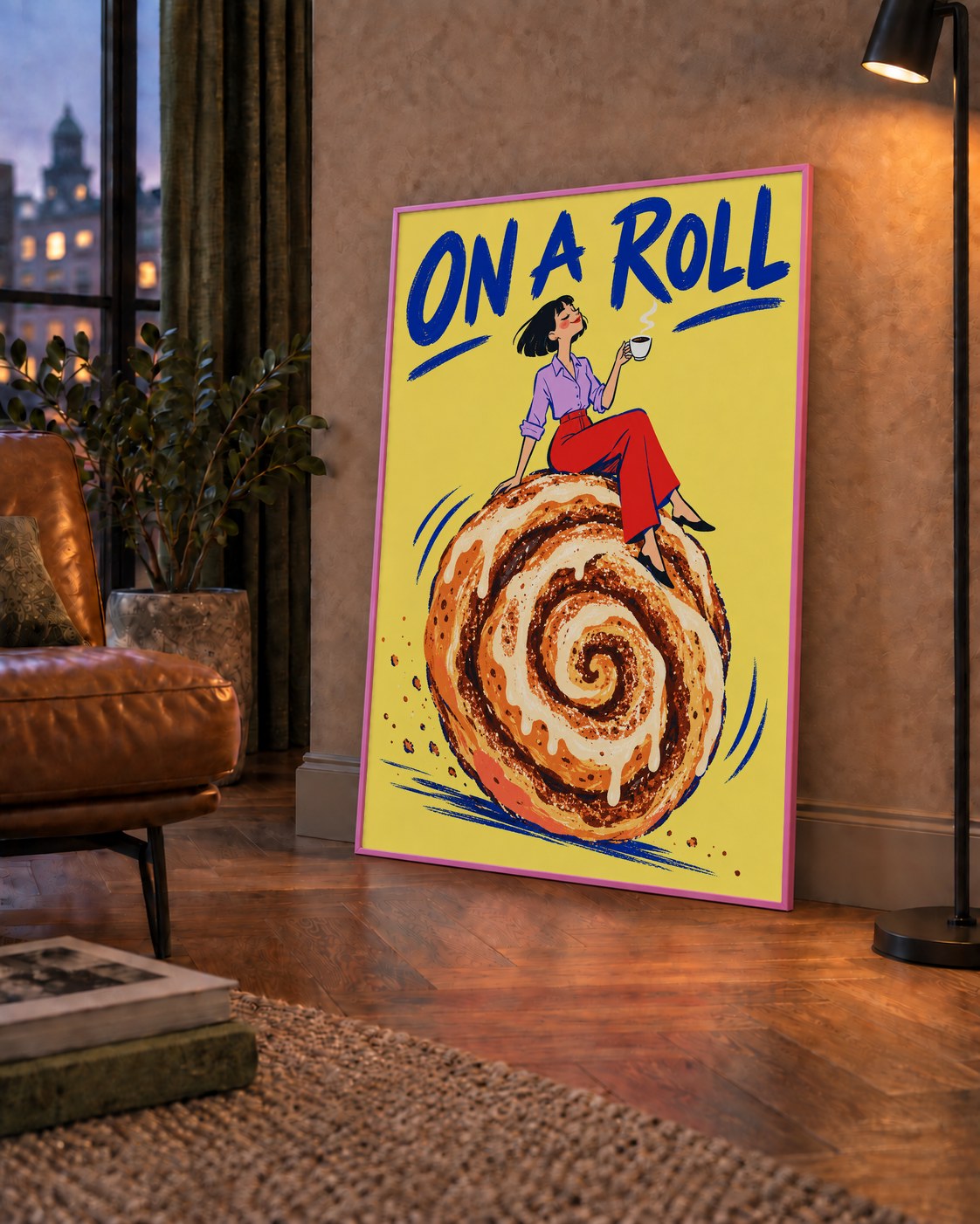 Tarçınlı Çörek ve Kahve: Eğlenceli Çizgi Roman Poster — çerçeveli hâliyle bir ev duvarında
