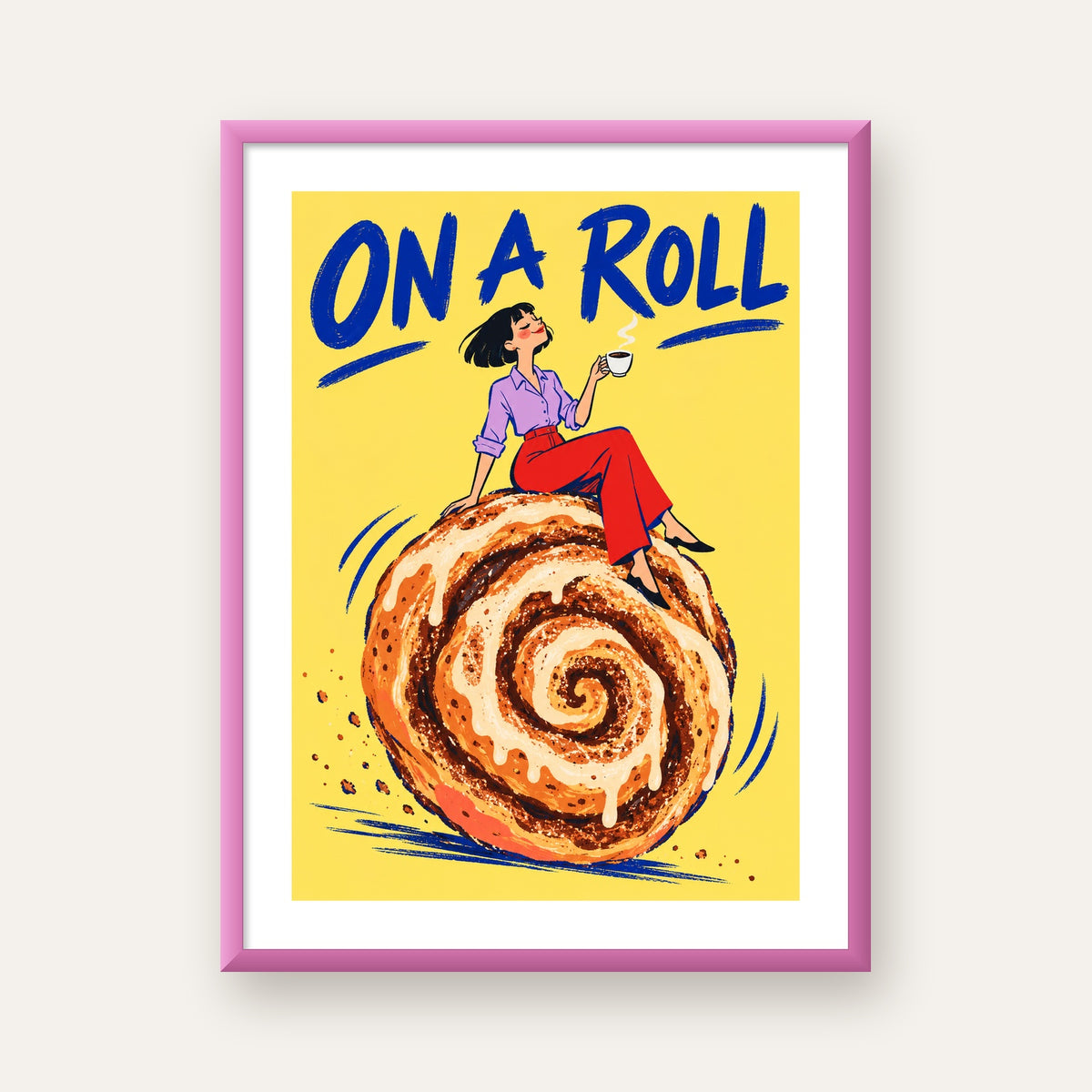 Tarçınlı Çörek ve Kahve: Eğlenceli Çizgi Roman Poster — pembe çerçeveli paspartulu
