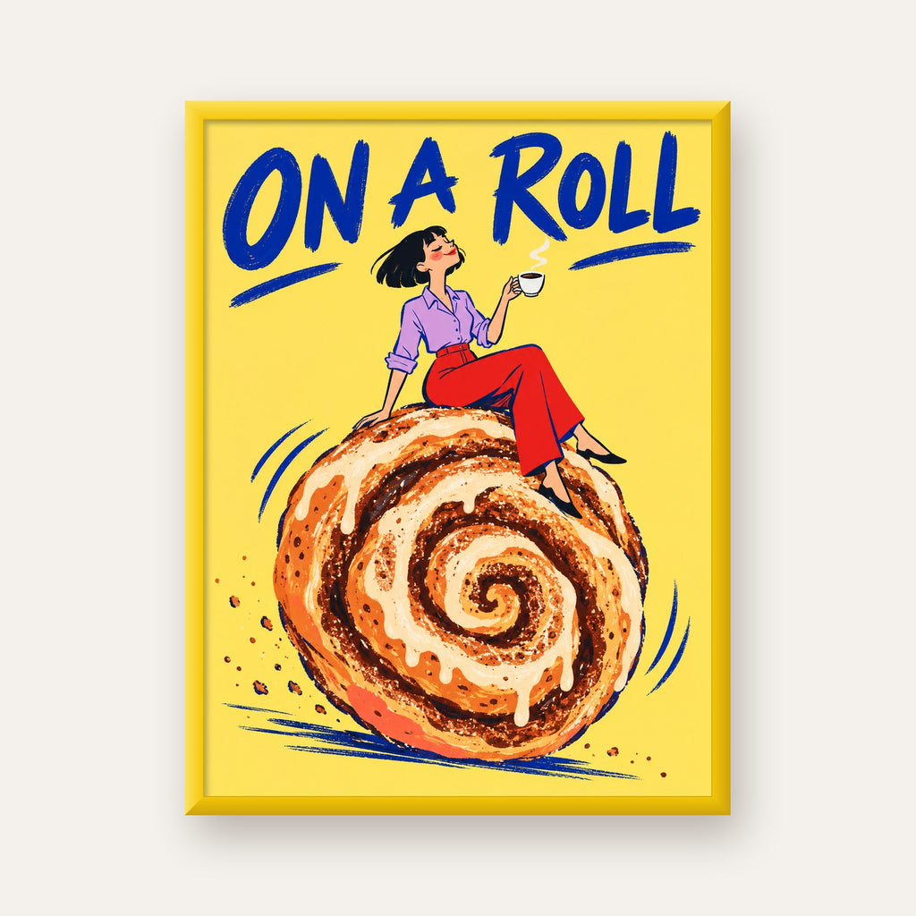 Tarçınlı Çörek ve Kahve: Eğlenceli Çizgi Roman Poster — sarı çerçeveli