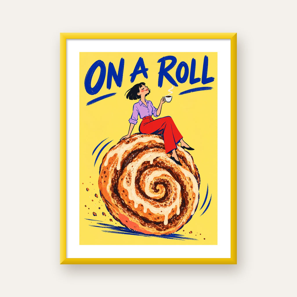 Tarçınlı Çörek ve Kahve: Eğlenceli Çizgi Roman Poster — sarı çerçeveli paspartulu