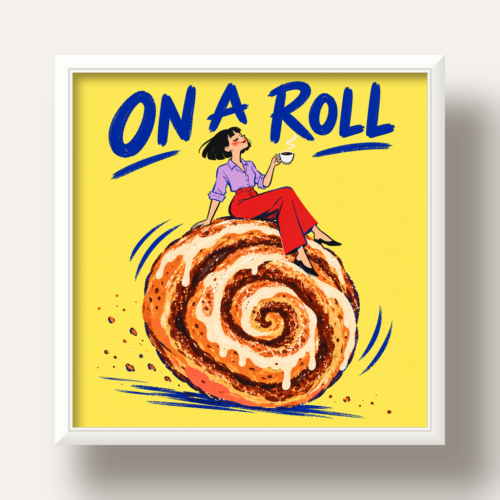 Tarçınlı Çörek ve Kahve: Eğlenceli Çizgi Roman Poster — beyaz derin çerçeveli