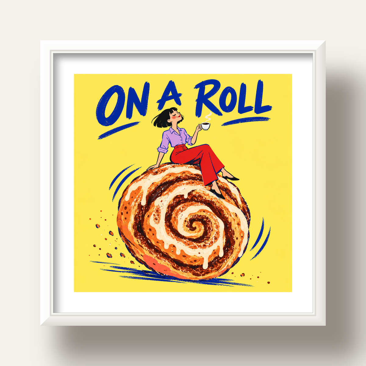 Tarçınlı Çörek ve Kahve: Eğlenceli Çizgi Roman Poster — beyaz derin çerçeveli paspartulu