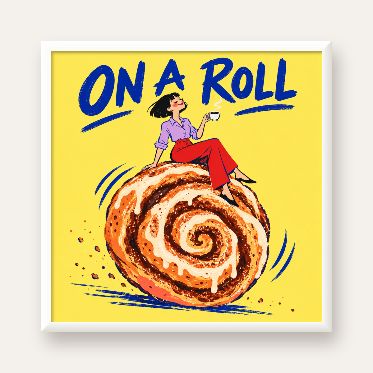 Tarçınlı Çörek ve Kahve: Eğlenceli Çizgi Roman Poster — beyaz çerçeveli kare poster