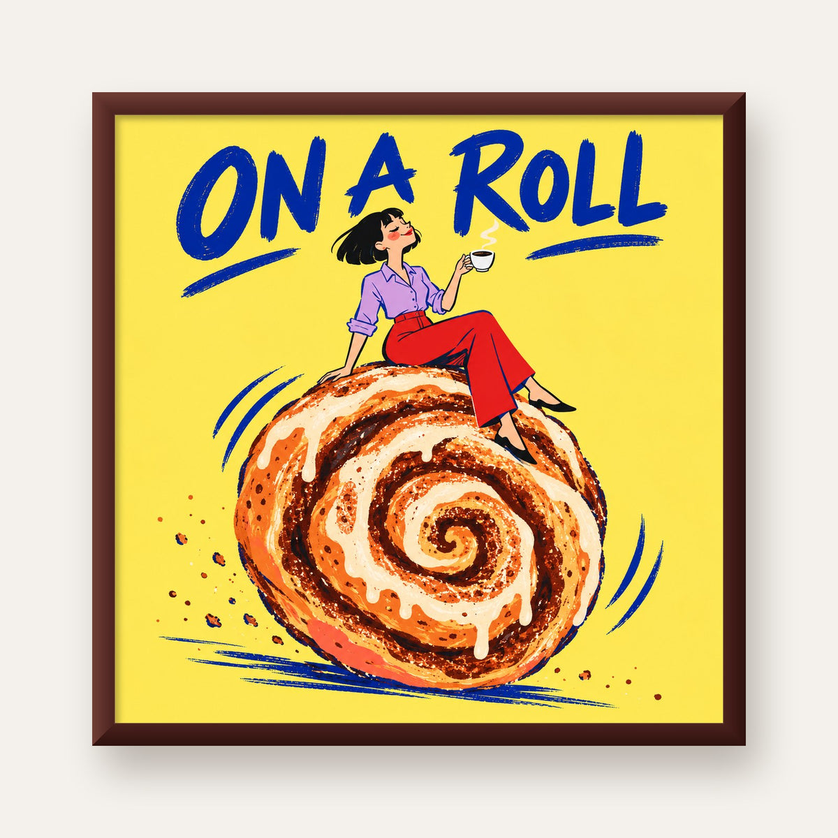 Tarçınlı Çörek ve Kahve: Eğlenceli Çizgi Roman Poster — ceviz çerçeveli