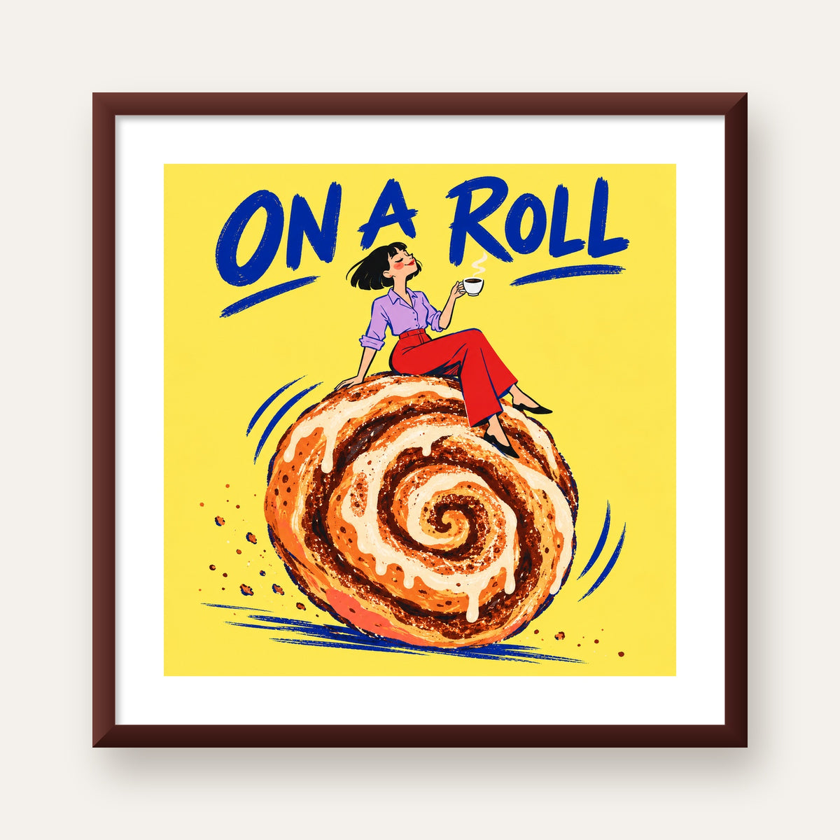 Tarçınlı Çörek ve Kahve: Eğlenceli Çizgi Roman Poster — ceviz çerçeveli paspartulu