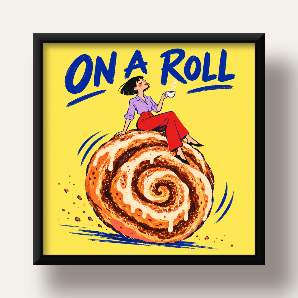 Tarçınlı Çörek ve Kahve: Eğlenceli Çizgi Roman Poster — siyah derin çerçeveli