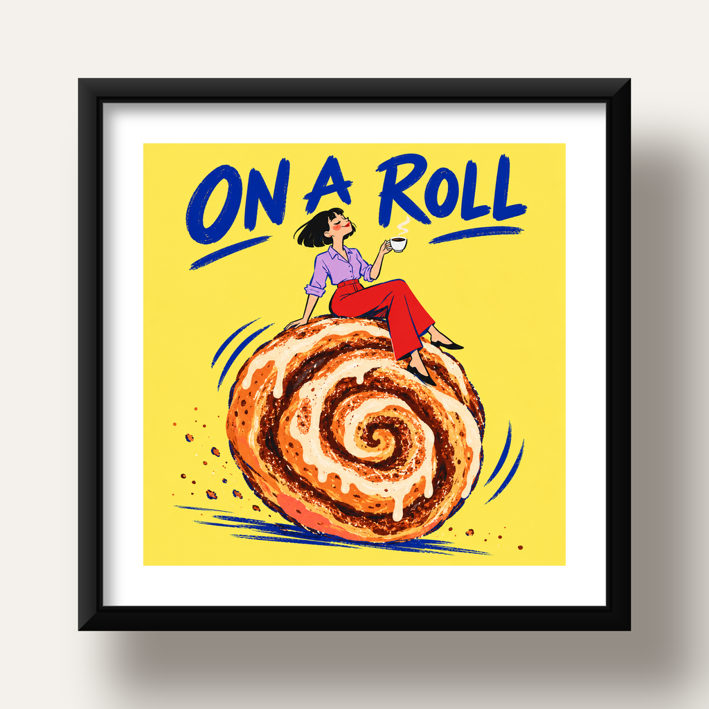 Tarçınlı Çörek ve Kahve: Eğlenceli Çizgi Roman Poster — siyah derin çerçeveli paspartulu