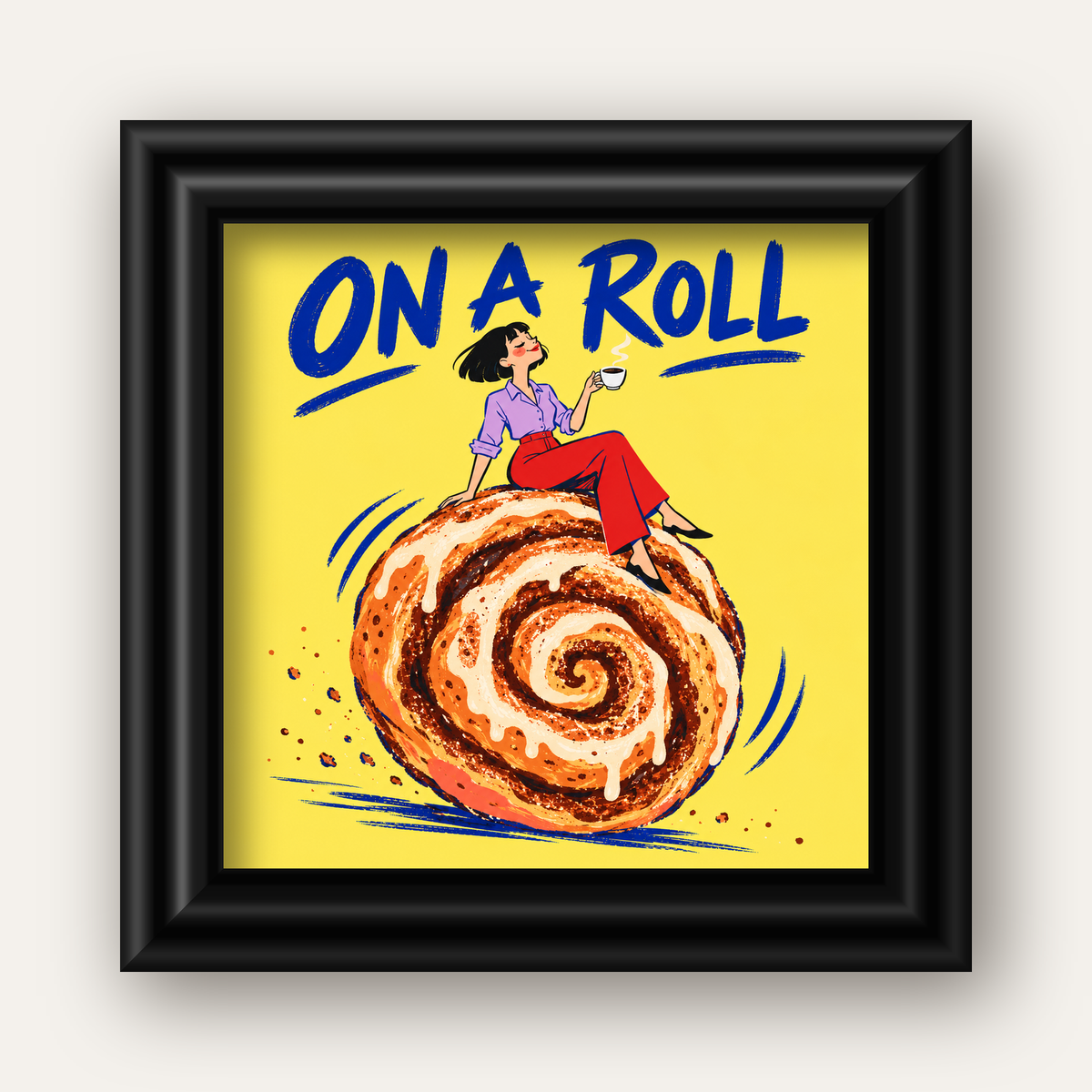 Tarçınlı Çörek ve Kahve: Eğlenceli Çizgi Roman Poster — siyah galeri çerçeveli