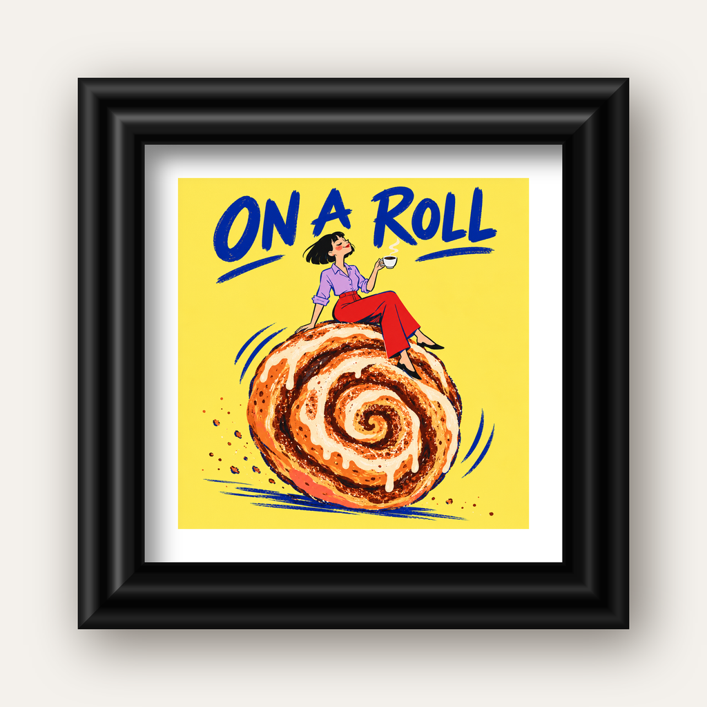 Tarçınlı Çörek ve Kahve: Eğlenceli Çizgi Roman Poster — siyah galeri çerçeveli paspartulu