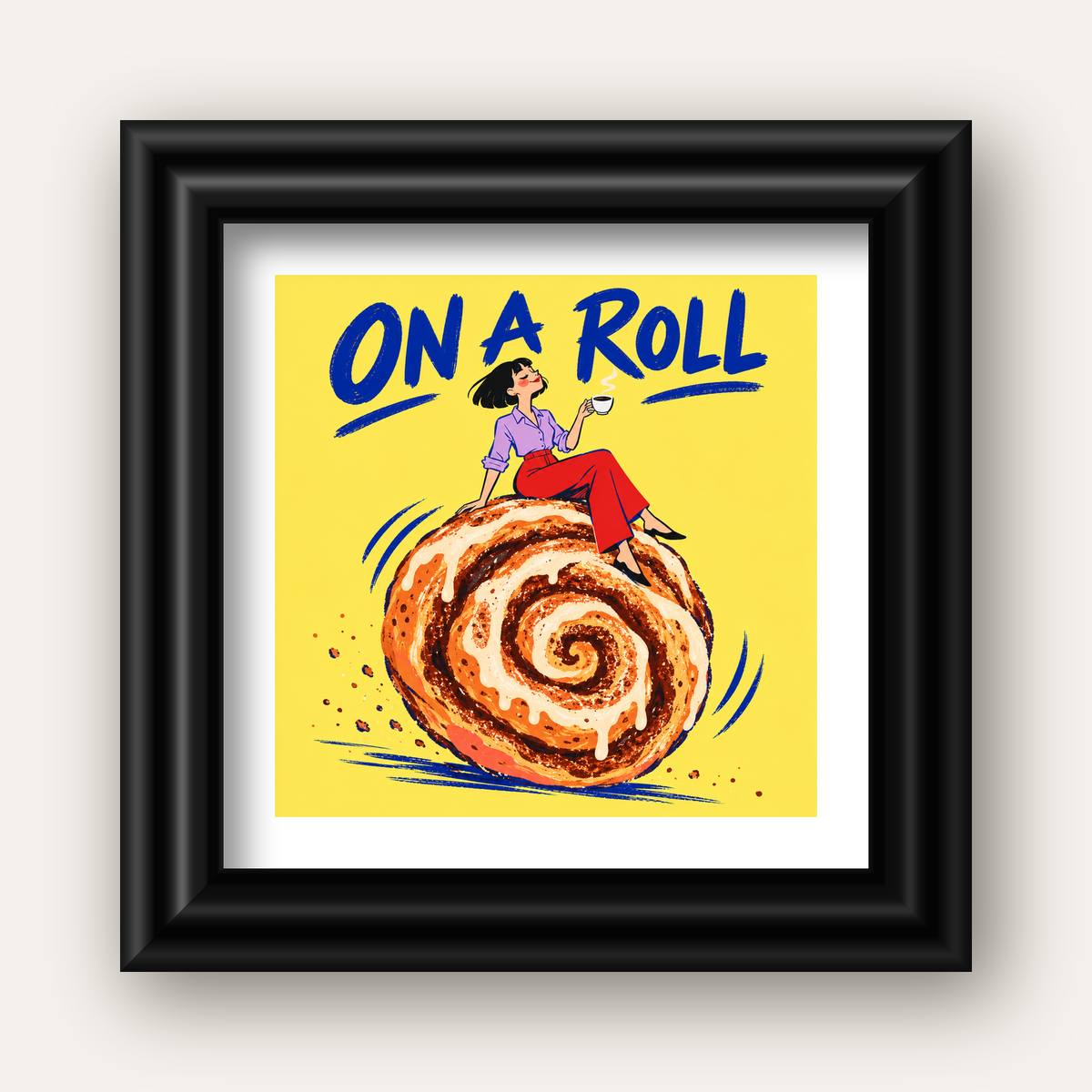 Tarçınlı Çörek ve Kahve: Eğlenceli Çizgi Roman Poster — siyah galeri çerçeveli paspartulu