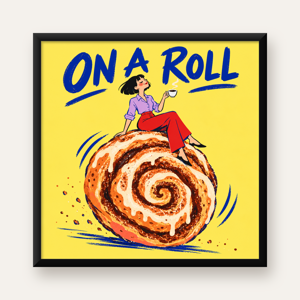 Tarçınlı Çörek ve Kahve: Eğlenceli Çizgi Roman Poster — Kare baskı, düz siyah çerçeveli duvar posteri