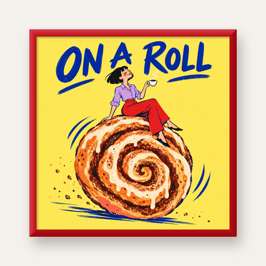 Tarçınlı Çörek ve Kahve: Eğlenceli Çizgi Roman Poster — kırmızı çerçeveli