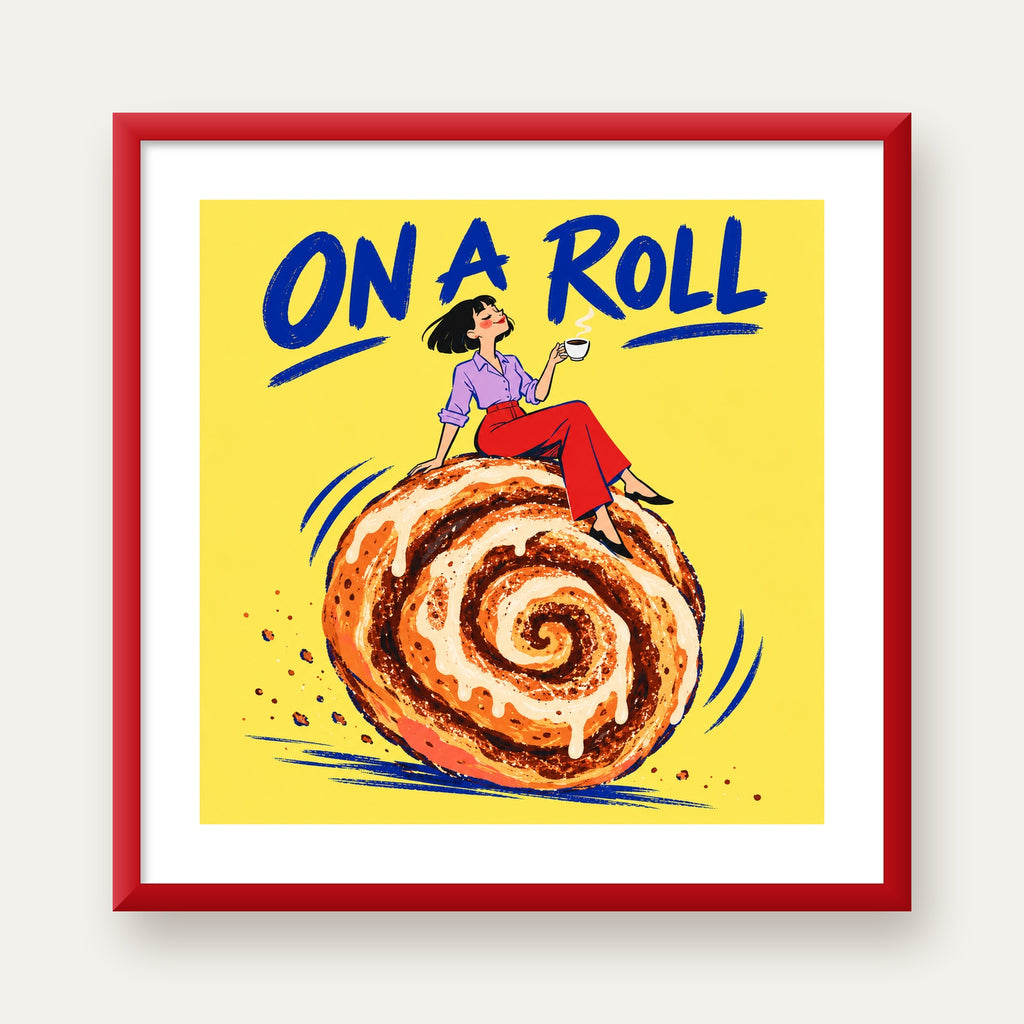 Tarçınlı Çörek ve Kahve: Eğlenceli Çizgi Roman Poster — kırmızı çerçeveli paspartulu