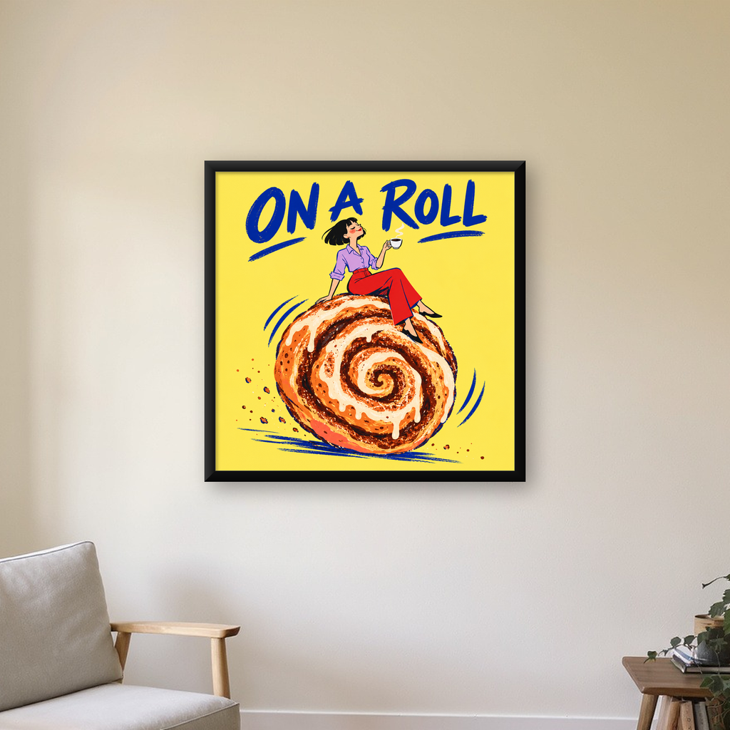 Tarçınlı Çörek ve Kahve: Eğlenceli Çizgi Roman Poster — Kare baskı, çerçeveli hâliyle bir ev duvarında