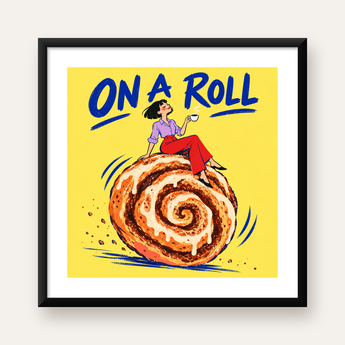 Tarçınlı Çörek ve Kahve: Eğlenceli Çizgi Roman Poster — Kare baskı, beyaz kenar boşluklu