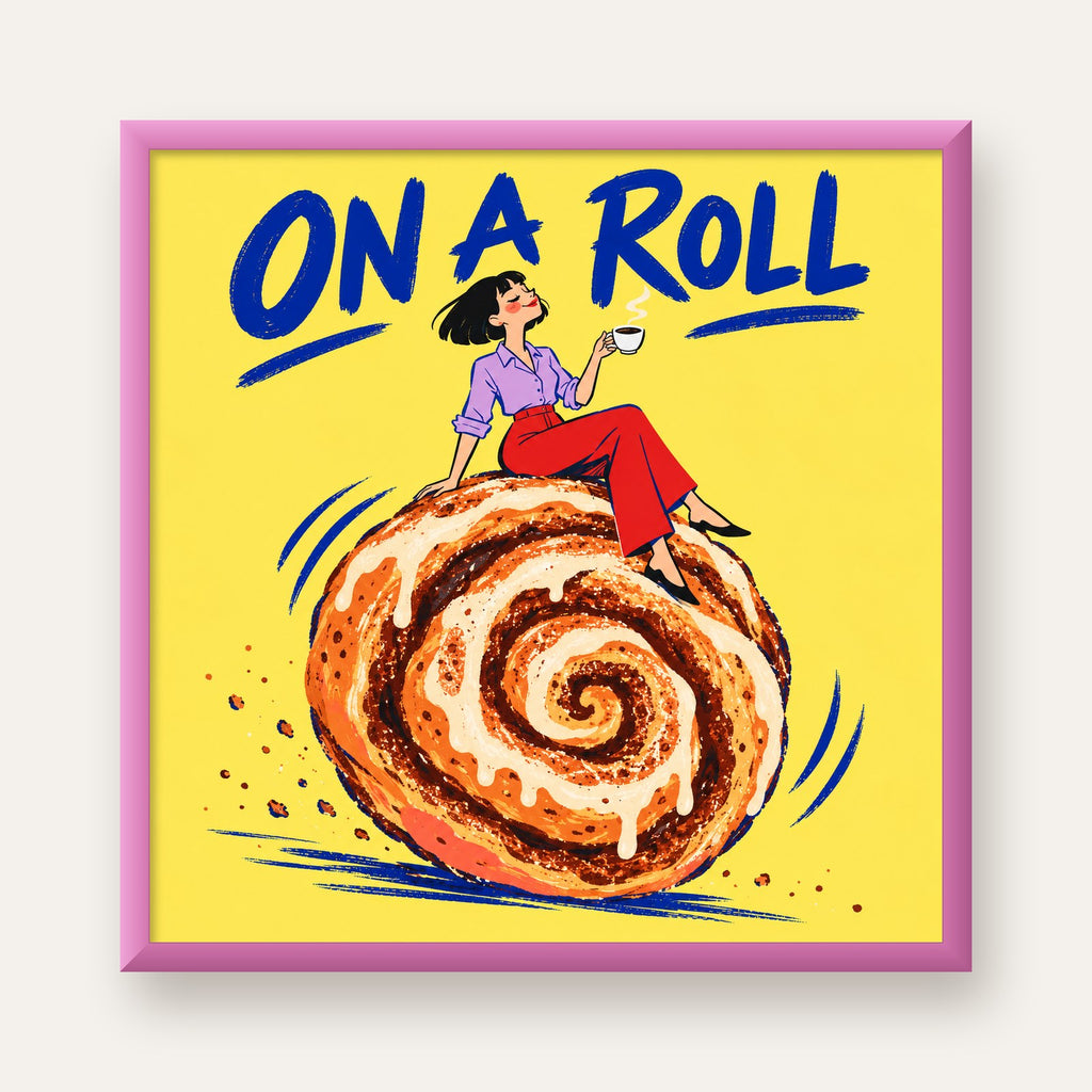 Tarçınlı Çörek ve Kahve: Eğlenceli Çizgi Roman Poster — pembe çerçeveli