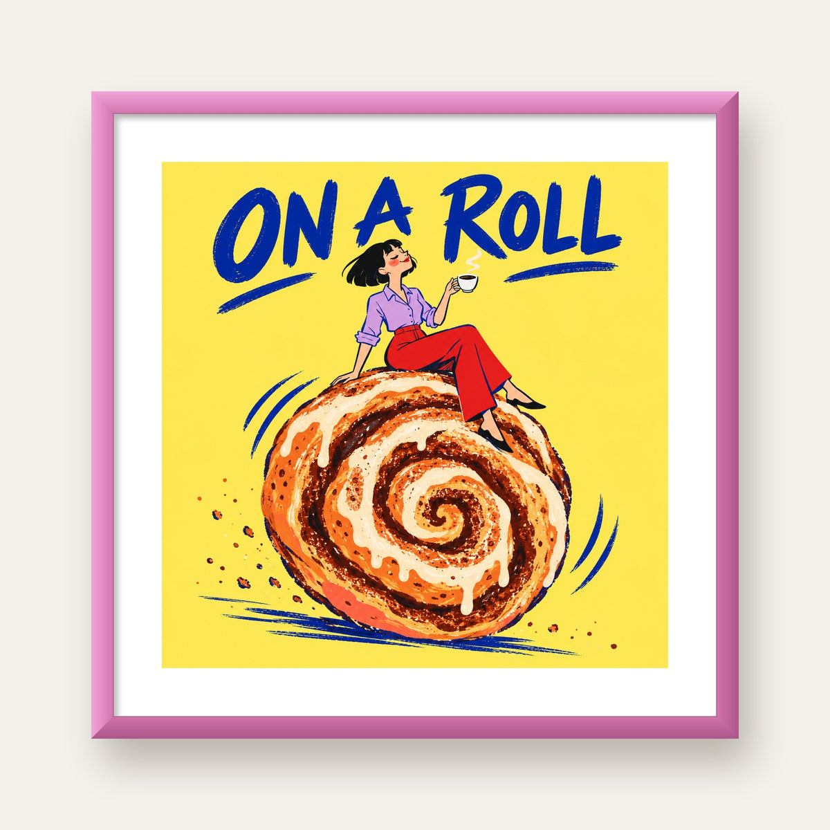 Tarçınlı Çörek ve Kahve: Eğlenceli Çizgi Roman Poster — pembe çerçeveli paspartulu