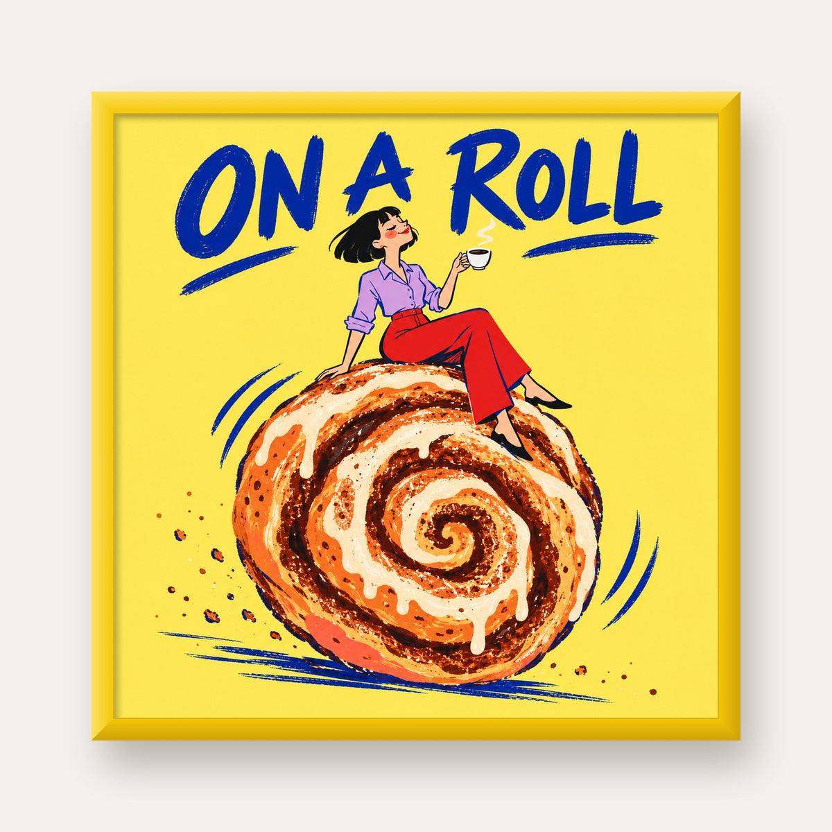 Tarçınlı Çörek ve Kahve: Eğlenceli Çizgi Roman Poster — sarı çerçeveli