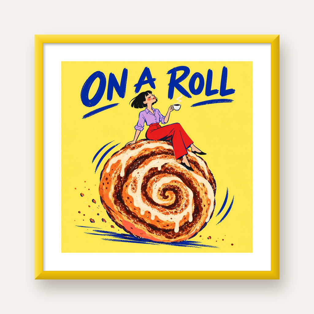 Tarçınlı Çörek ve Kahve: Eğlenceli Çizgi Roman Poster — sarı çerçeveli paspartulu