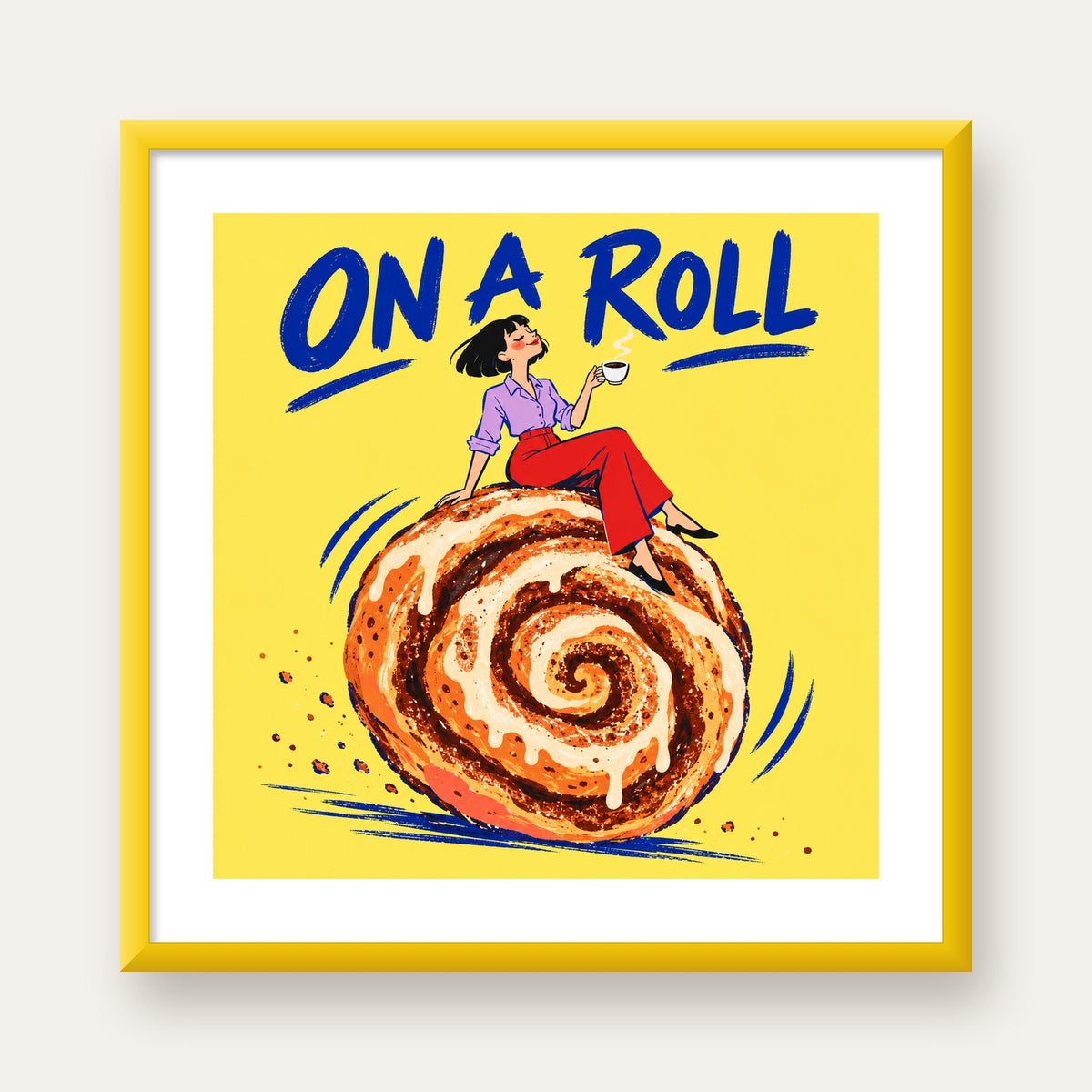 Tarçınlı Çörek ve Kahve: Eğlenceli Çizgi Roman Poster — sarı çerçeveli paspartulu
