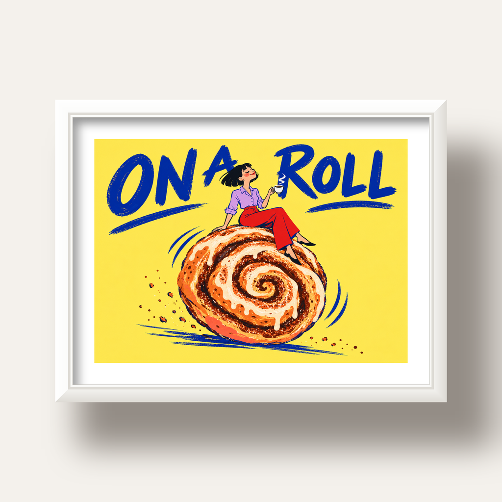 Tarçınlı Çörek ve Kahve: Eğlenceli Çizgi Roman Poster — beyaz derin çerçeveli paspartulu
