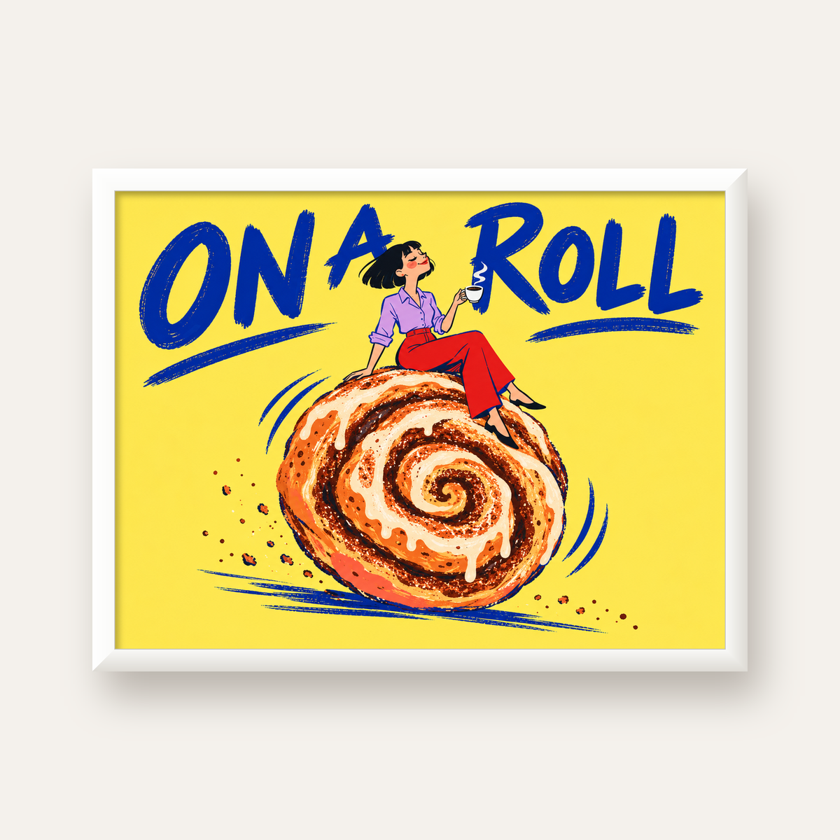 Tarçınlı Çörek ve Kahve: Eğlenceli Çizgi Roman Poster — beyaz çerçeveli yatay poster