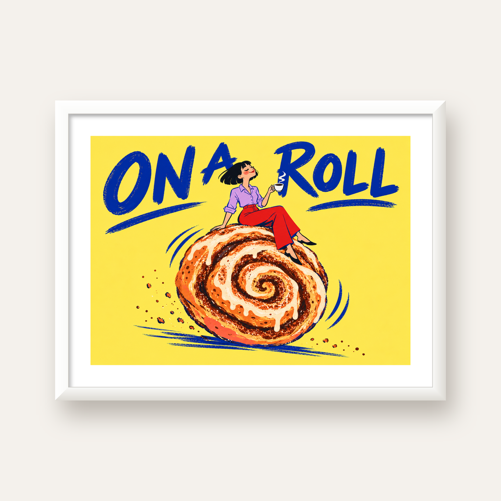 Tarçınlı Çörek ve Kahve: Eğlenceli Çizgi Roman Poster — beyaz çerçeveli yatay poster