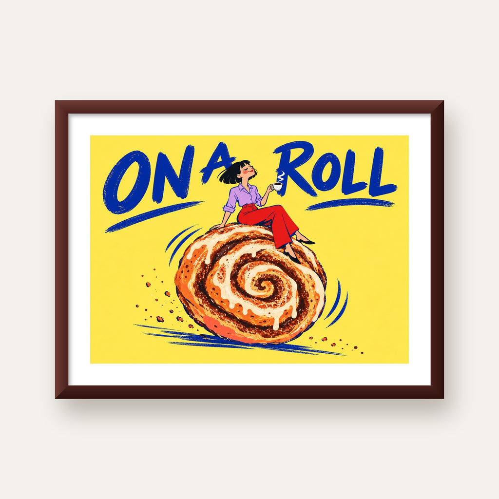 Tarçınlı Çörek ve Kahve: Eğlenceli Çizgi Roman Poster — ceviz çerçeveli paspartulu