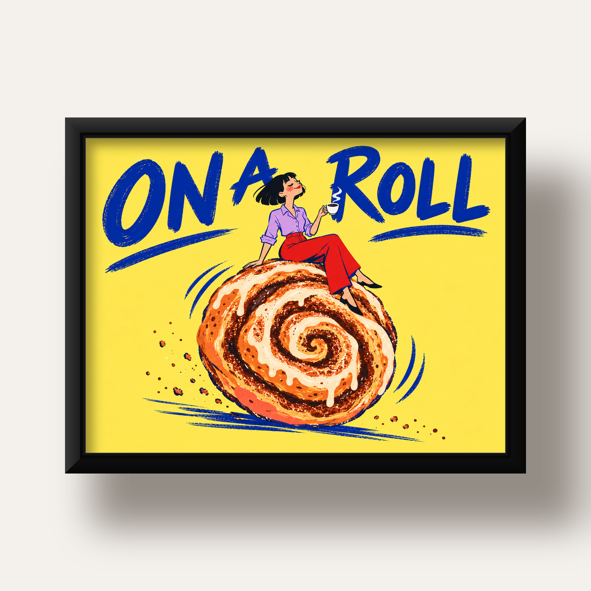Tarçınlı Çörek ve Kahve: Eğlenceli Çizgi Roman Poster — siyah derin çerçeveli