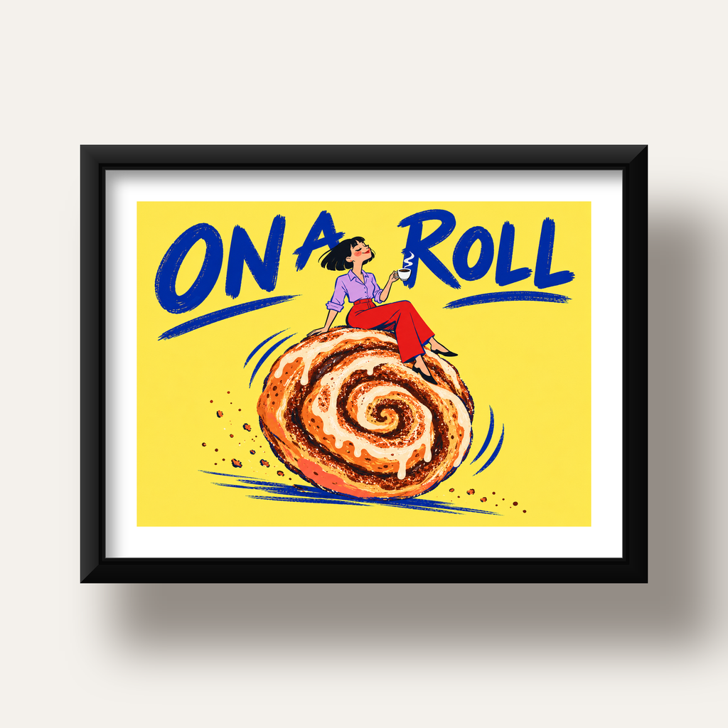 Tarçınlı Çörek ve Kahve: Eğlenceli Çizgi Roman Poster — siyah derin çerçeveli paspartulu
