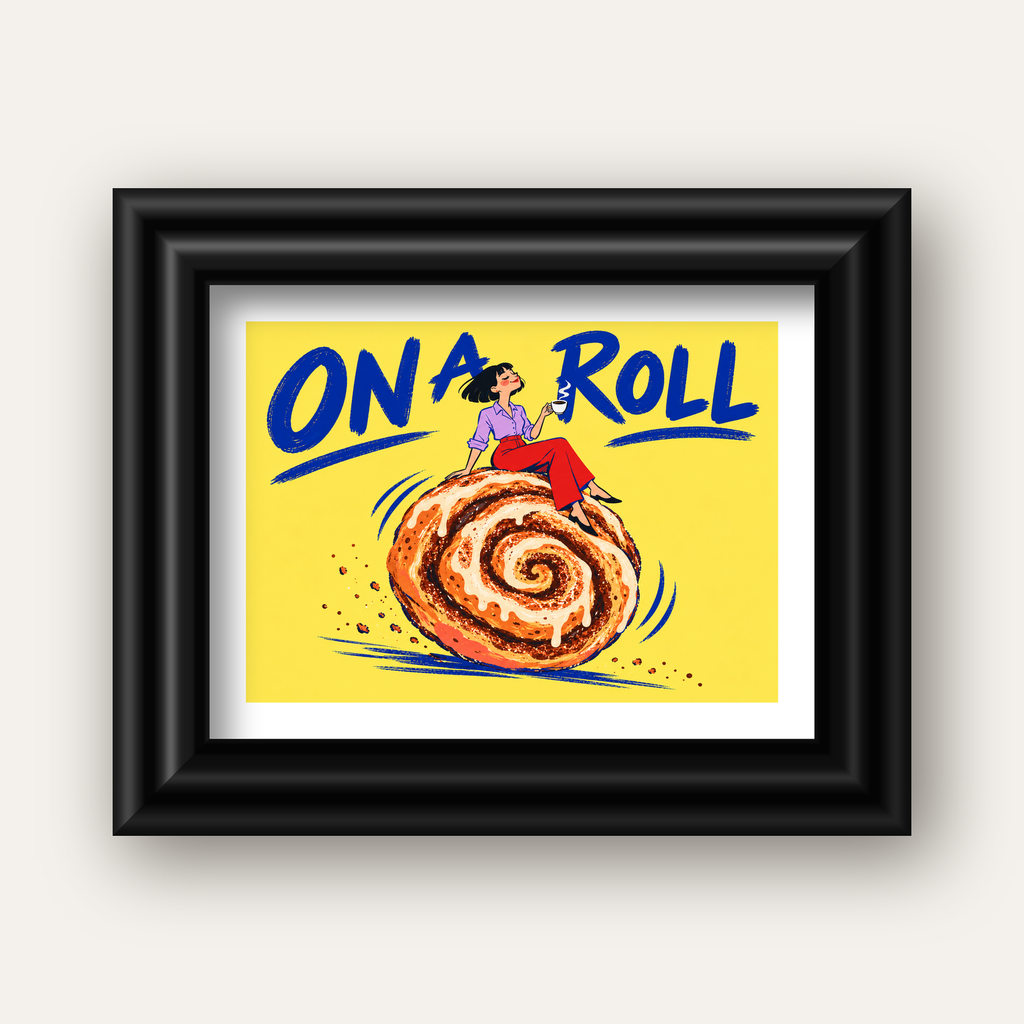 Tarçınlı Çörek ve Kahve: Eğlenceli Çizgi Roman Poster — siyah galeri çerçeveli paspartulu