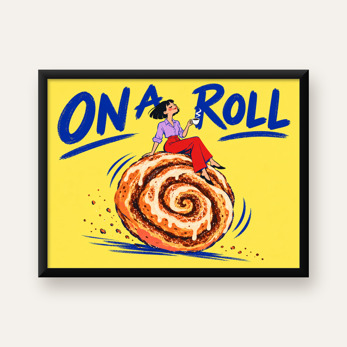 Tarçınlı Çörek ve Kahve: Eğlenceli Çizgi Roman Poster — Yatay baskı, düz siyah çerçeveli duvar posteri