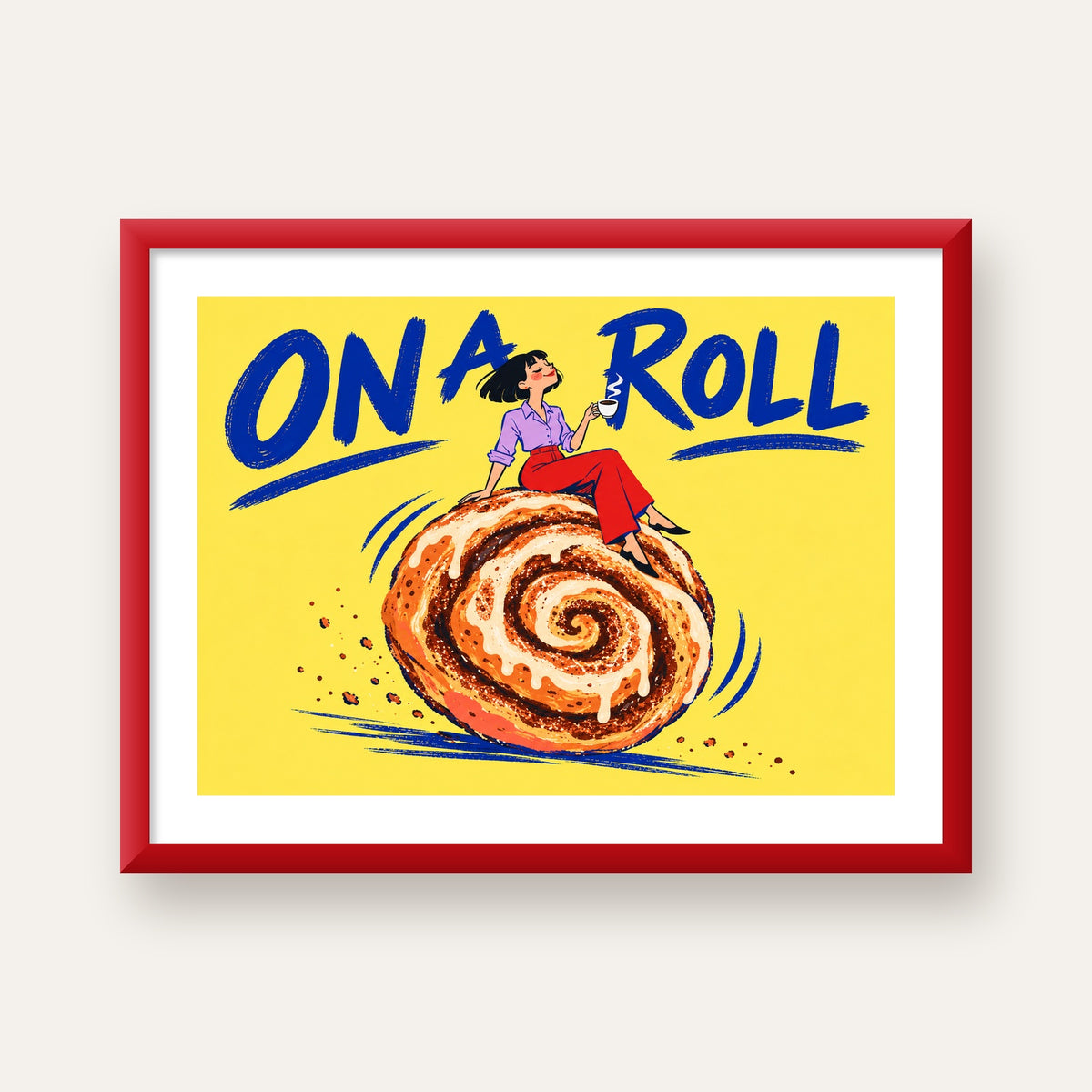 Tarçınlı Çörek ve Kahve: Eğlenceli Çizgi Roman Poster — kırmızı çerçeveli paspartulu