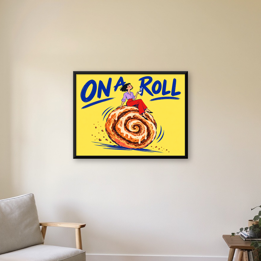 Tarçınlı Çörek ve Kahve: Eğlenceli Çizgi Roman Poster — Yatay baskı, çerçeveli hâliyle bir ev duvarında