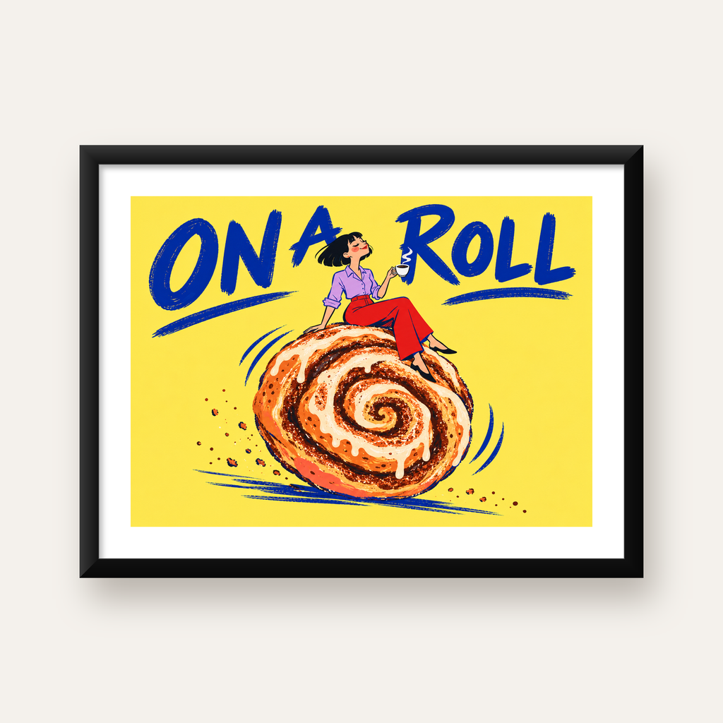 Tarçınlı Çörek ve Kahve: Eğlenceli Çizgi Roman Poster — Yatay baskı, beyaz kenar boşluklu