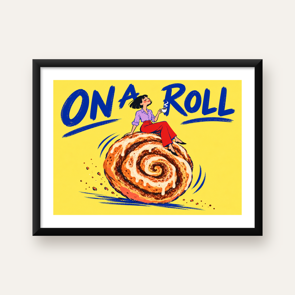 Tarçınlı Çörek ve Kahve: Eğlenceli Çizgi Roman Poster — Yatay baskı, beyaz kenar boşluklu