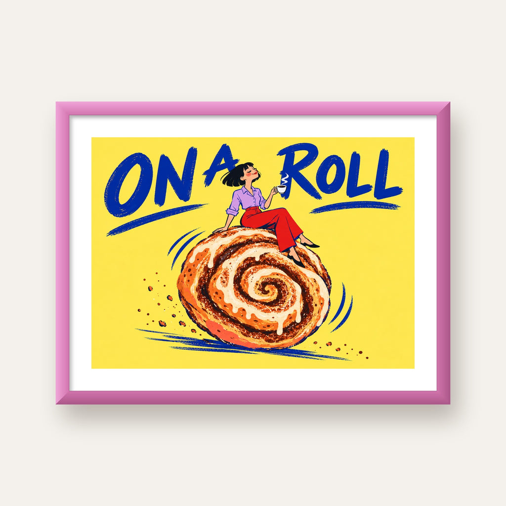 Tarçınlı Çörek ve Kahve: Eğlenceli Çizgi Roman Poster — pembe çerçeveli paspartulu