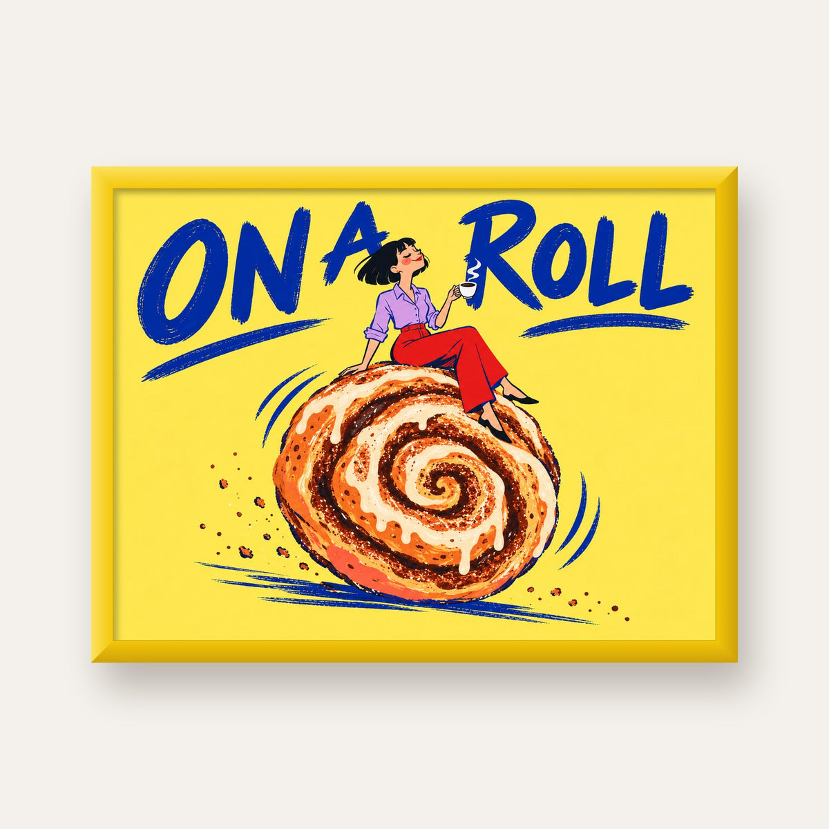 Tarçınlı Çörek ve Kahve: Eğlenceli Çizgi Roman Poster — sarı çerçeveli