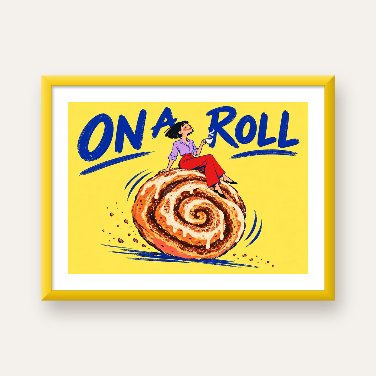 Tarçınlı Çörek ve Kahve: Eğlenceli Çizgi Roman Poster — sarı çerçeveli paspartulu