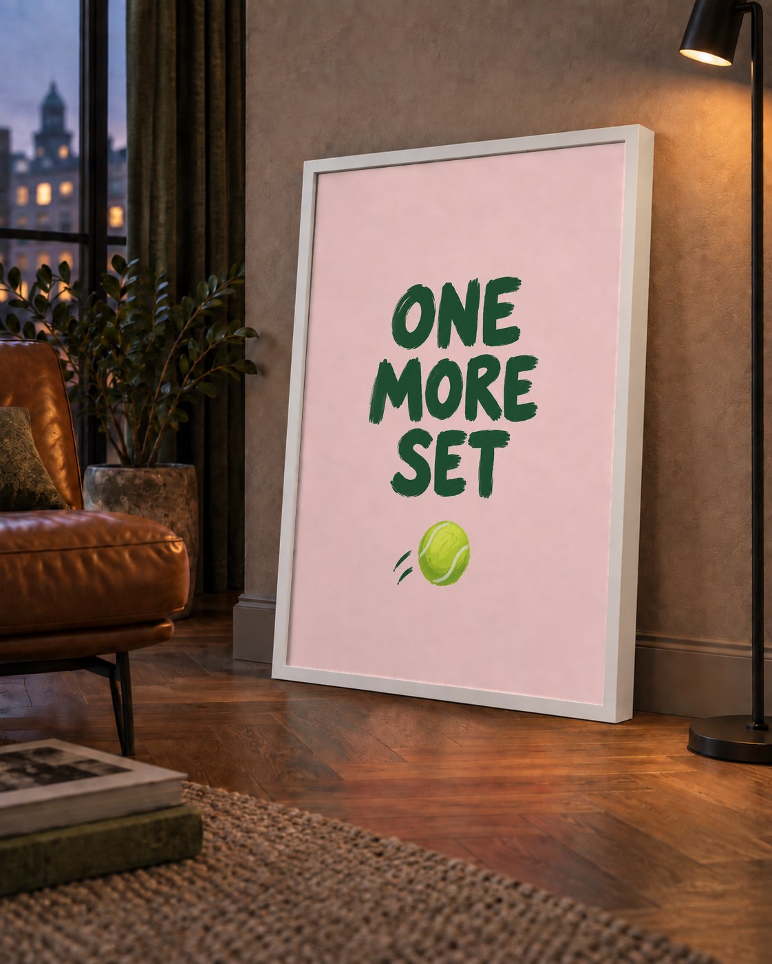 ONE MORE SET Motivasyon Tenis Posteri – Modern Duvar Dekoru — çerçeveli hâliyle bir ev duvarında