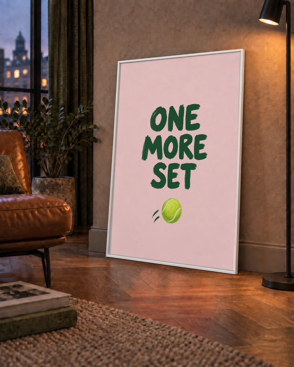 ONE MORE SET Motivasyon Tenis Posteri – Modern Duvar Dekoru — çerçeveli hâliyle bir ev duvarında