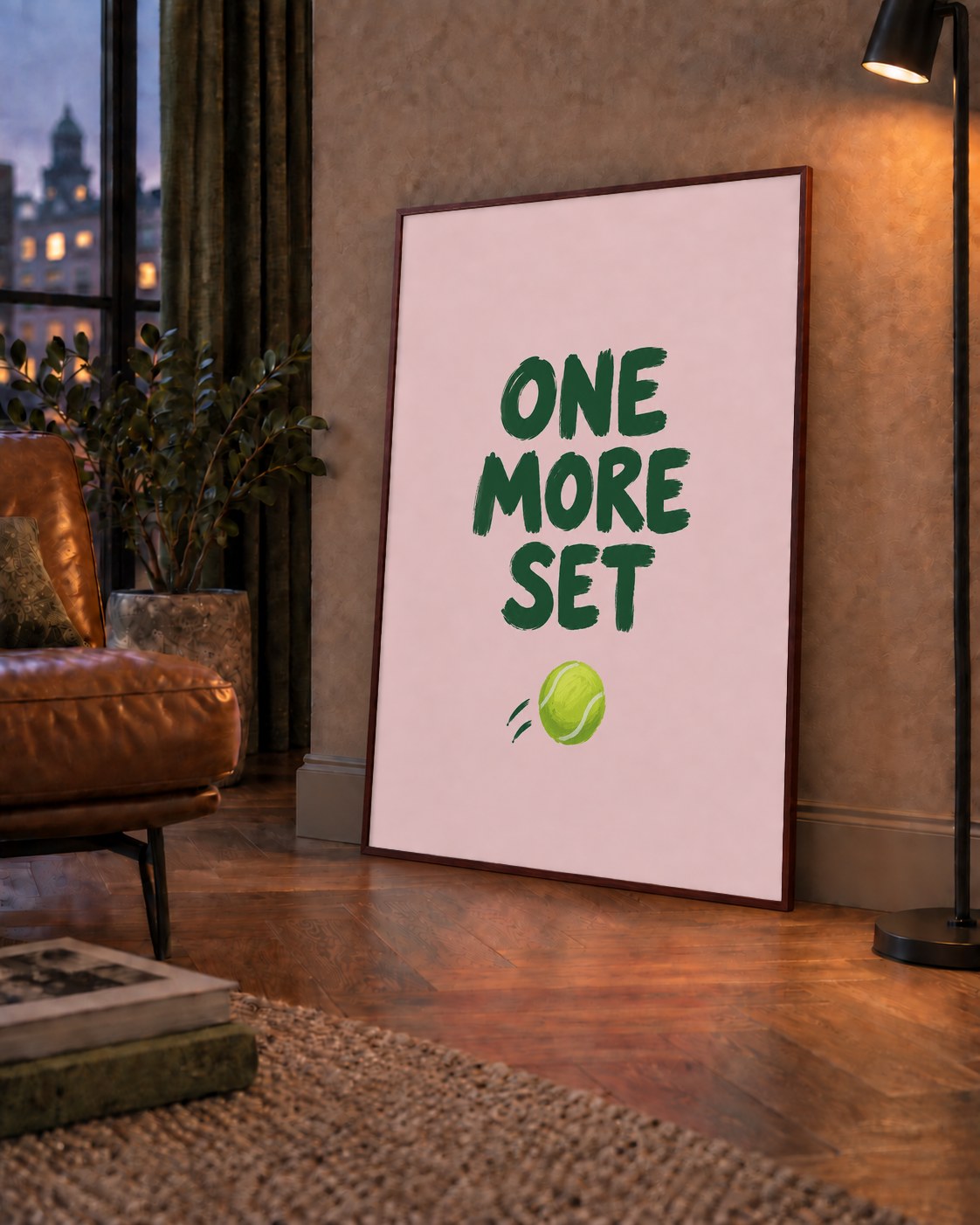 ONE MORE SET Motivasyon Tenis Posteri – Modern Duvar Dekoru — çerçeveli hâliyle bir ev duvarında