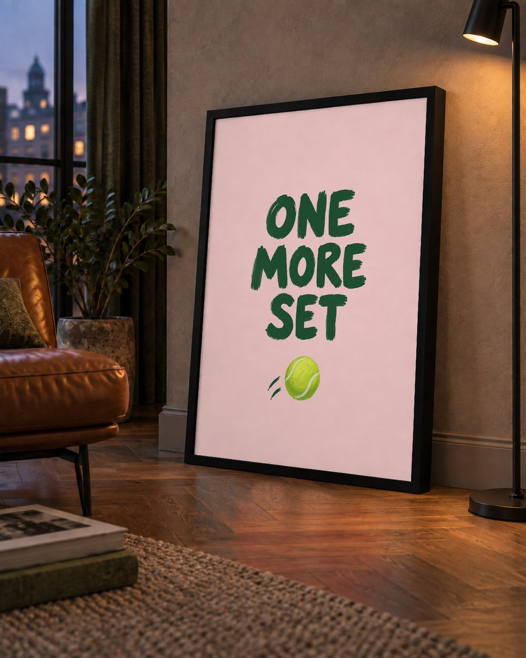 ONE MORE SET Motivasyon Tenis Posteri – Modern Duvar Dekoru — çerçeveli hâliyle bir ev duvarında