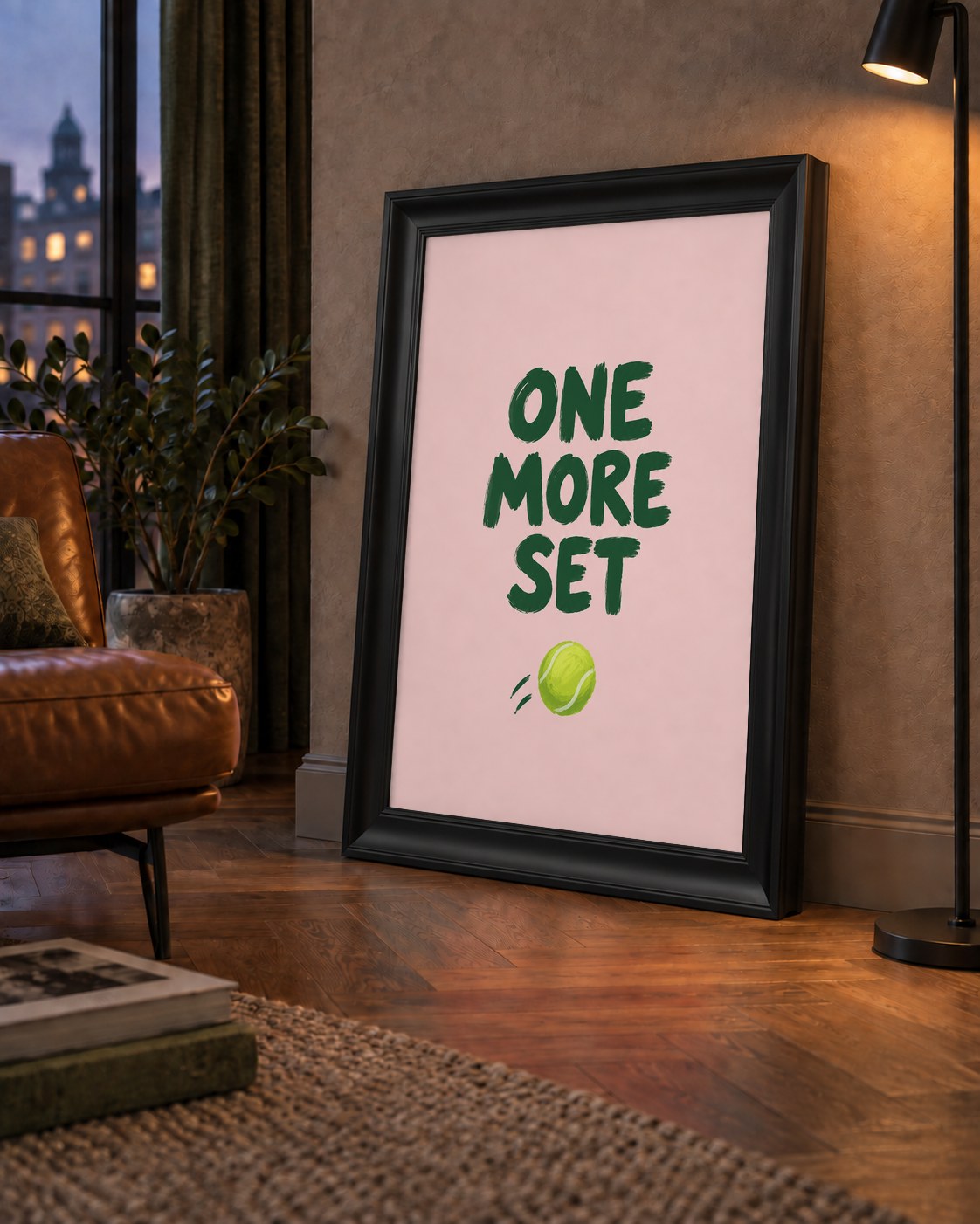 ONE MORE SET Motivasyon Tenis Posteri – Modern Duvar Dekoru — çerçeveli hâliyle bir ev duvarında