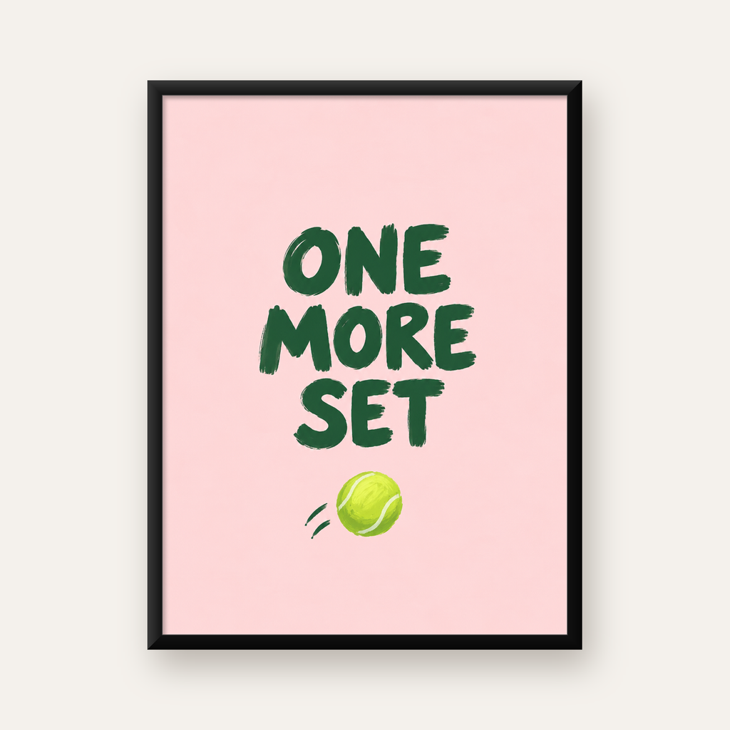 ONE MORE SET Motivasyon Tenis Posteri – Modern Duvar Dekoru — Dikey baskı, düz siyah çerçeveli duvar posteri