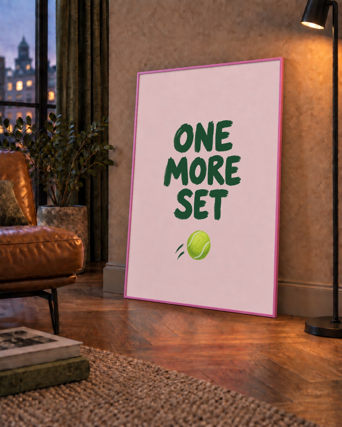 ONE MORE SET Motivasyon Tenis Posteri – Modern Duvar Dekoru — çerçeveli hâliyle bir ev duvarında